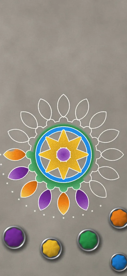 Rangoli in Progress: a half-finished rangoli, partly coloured and partly white chalk outline, sits beside bowls of coloured powder on a grey floor, iPhone wallpaper
