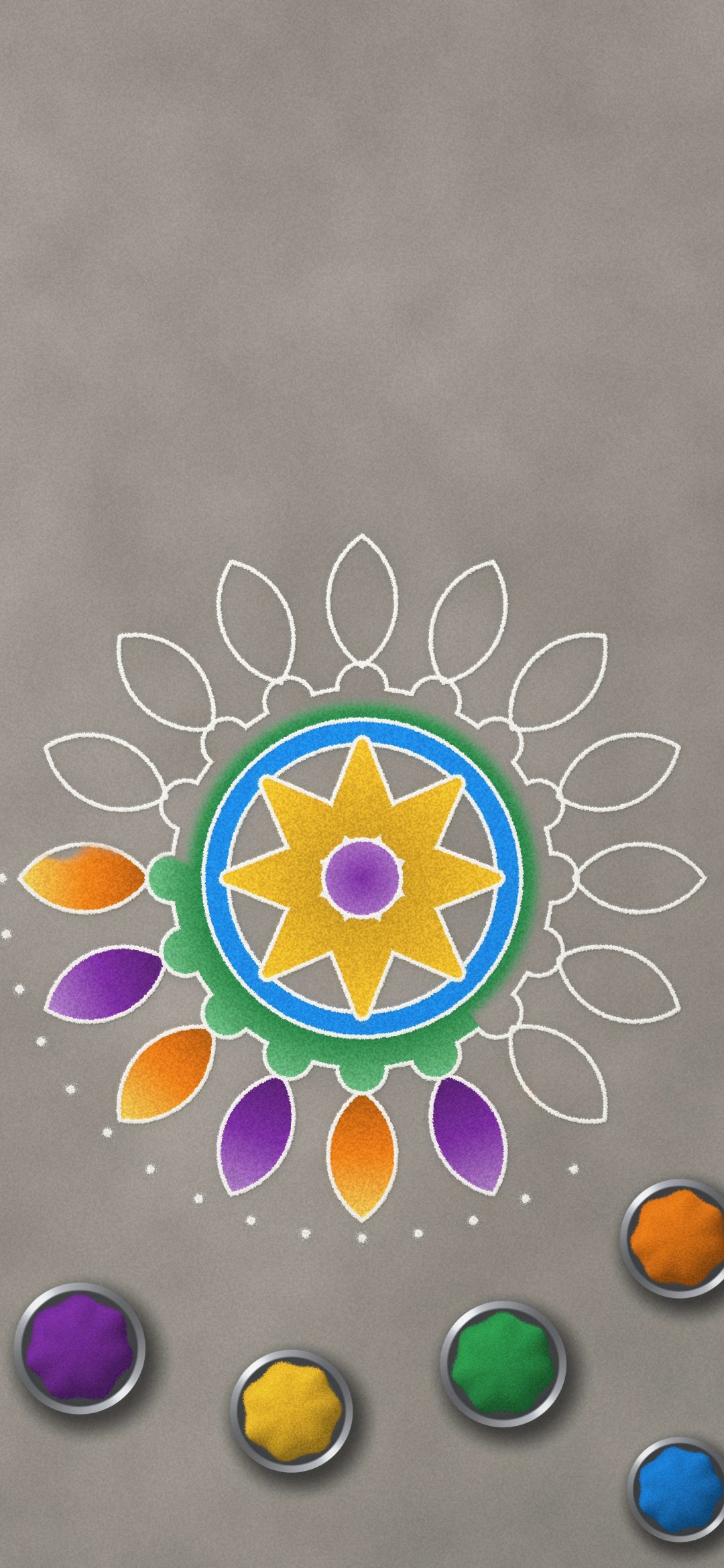 Rangoli in Progress: a half-finished rangoli, partly coloured and partly white chalk outline, sits beside bowls of coloured powder on a grey floor, iPhone wallpaper