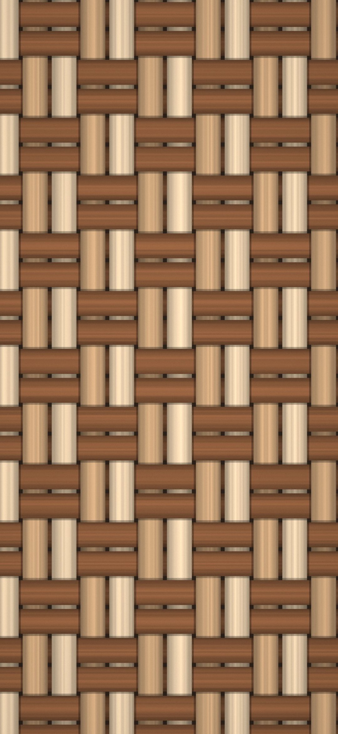 Rattan Basket Weave: light and dark strips of rattan cross over and under in a basket weave, each strip rounded and grained like natural cane, iPhone wallpaper