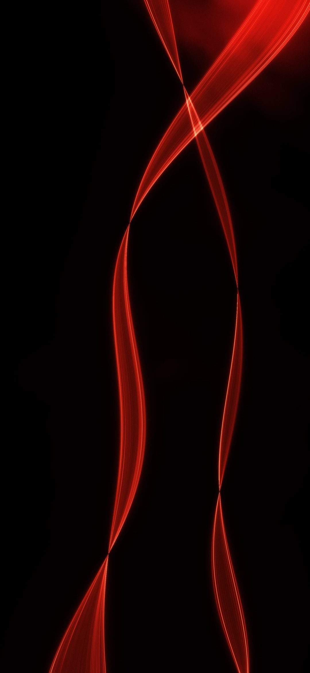 Red Light Ribbon: a single glowing red ribbon of fine light threads flows in an S curve down a true black screen, iPhone wallpaper