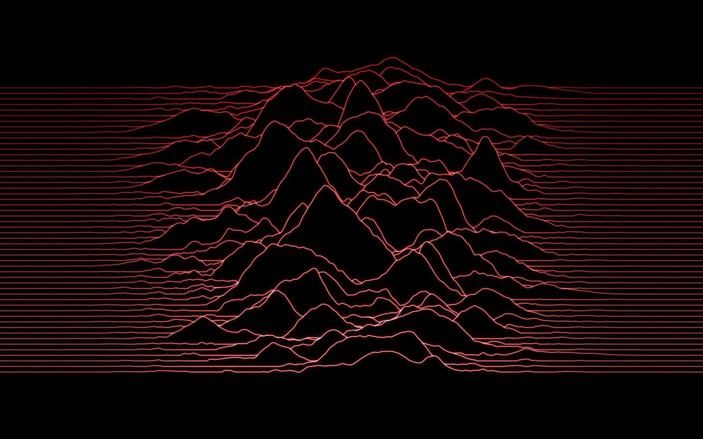 Red Signal Peaks: deep red lines climb into sharp peaks across the centre of a black screen, glowing like a signal on a dark monitor, Mac wallpaper