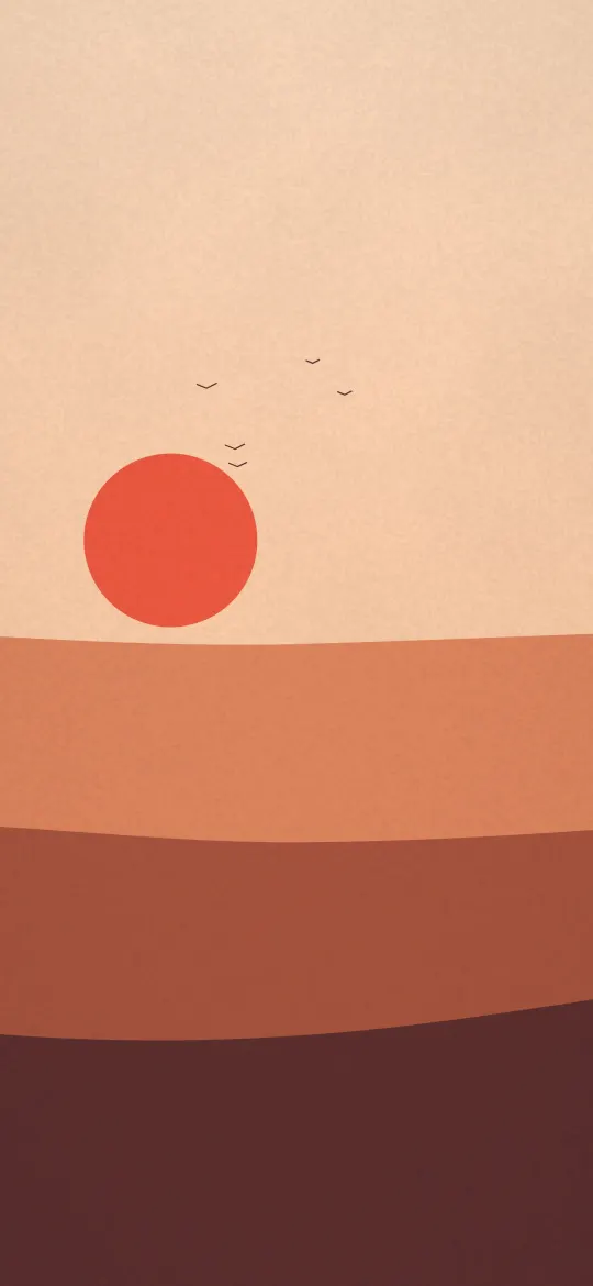 Red Sun Print: a bold red sun sinks behind smooth hills of clay and rust, a screen-print landscape with tiny birds and a fine grain, iPhone wallpaper