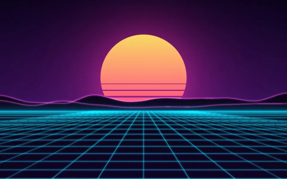 Retro Grid Sunset: a striped 80s sun sets behind neon-edged mountains over a glowing cyan grid, classic synthwave in deep purple, Mac wallpaper