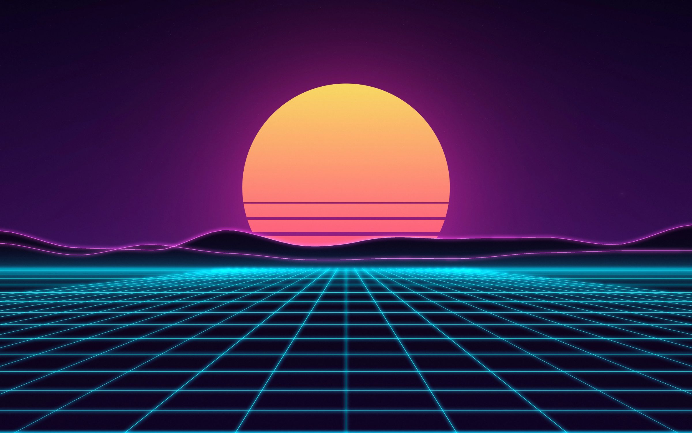 Retro Grid Sunset: a striped 80s sun sets behind neon-edged mountains over a glowing cyan grid, classic synthwave in deep purple, Mac wallpaper