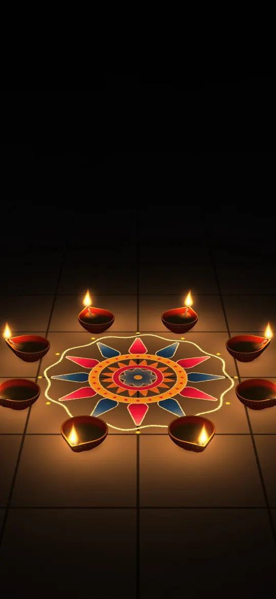 Ring of Diyas Around a Rangoli: eight red painted diyas glow in a ring around a small blue, magenta and yellow rangoli on a dark tiled floor, iPhone wallpaper
