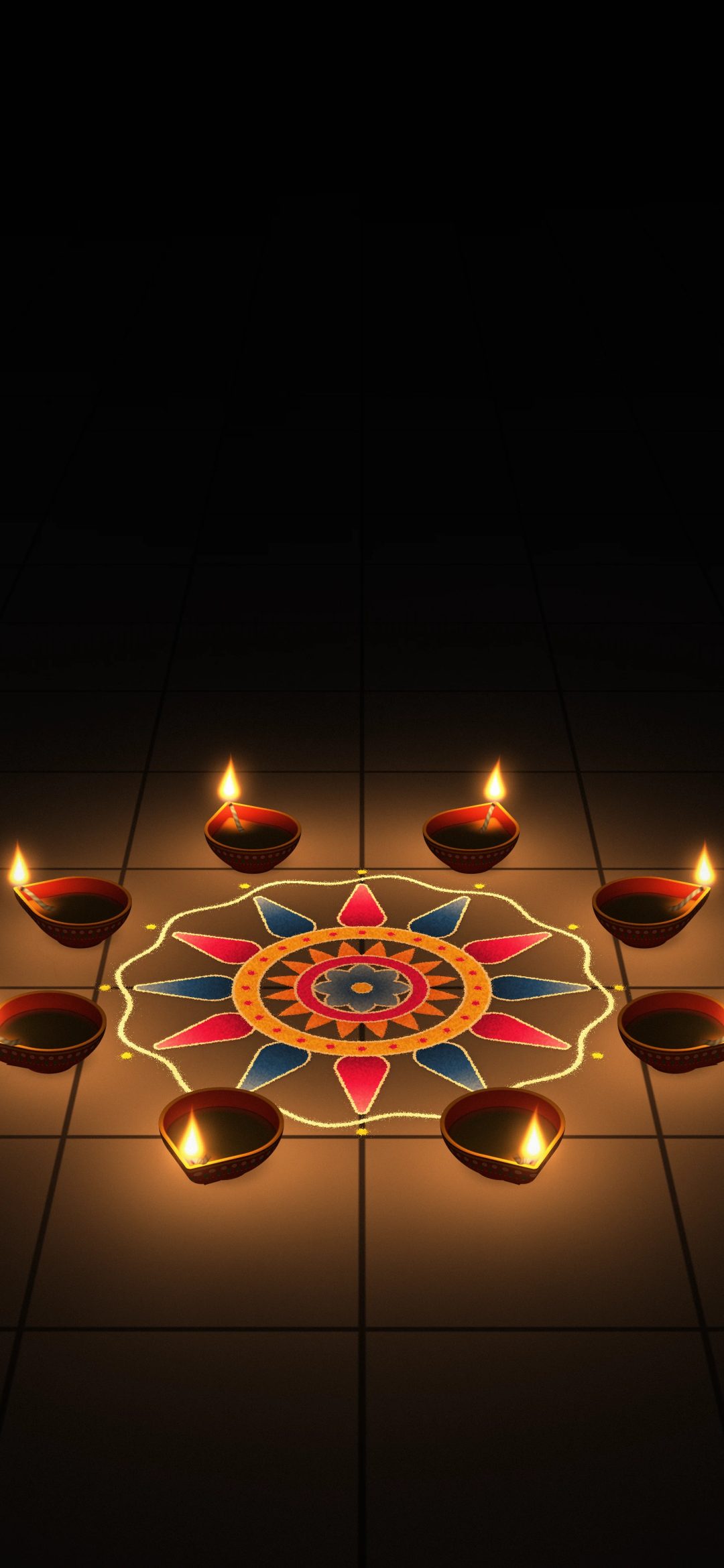 Ring of Diyas Around a Rangoli: eight red painted diyas glow in a ring around a small blue, magenta and yellow rangoli on a dark tiled floor, iPhone wallpaper
