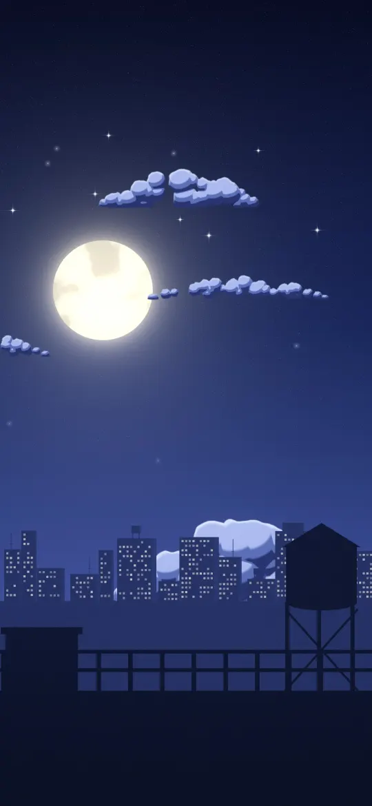 Rooftop Moon Night: a huge pale moon rises over glittering city windows, seen from a quiet rooftop with a railing and an old water tank, iPhone wallpaper