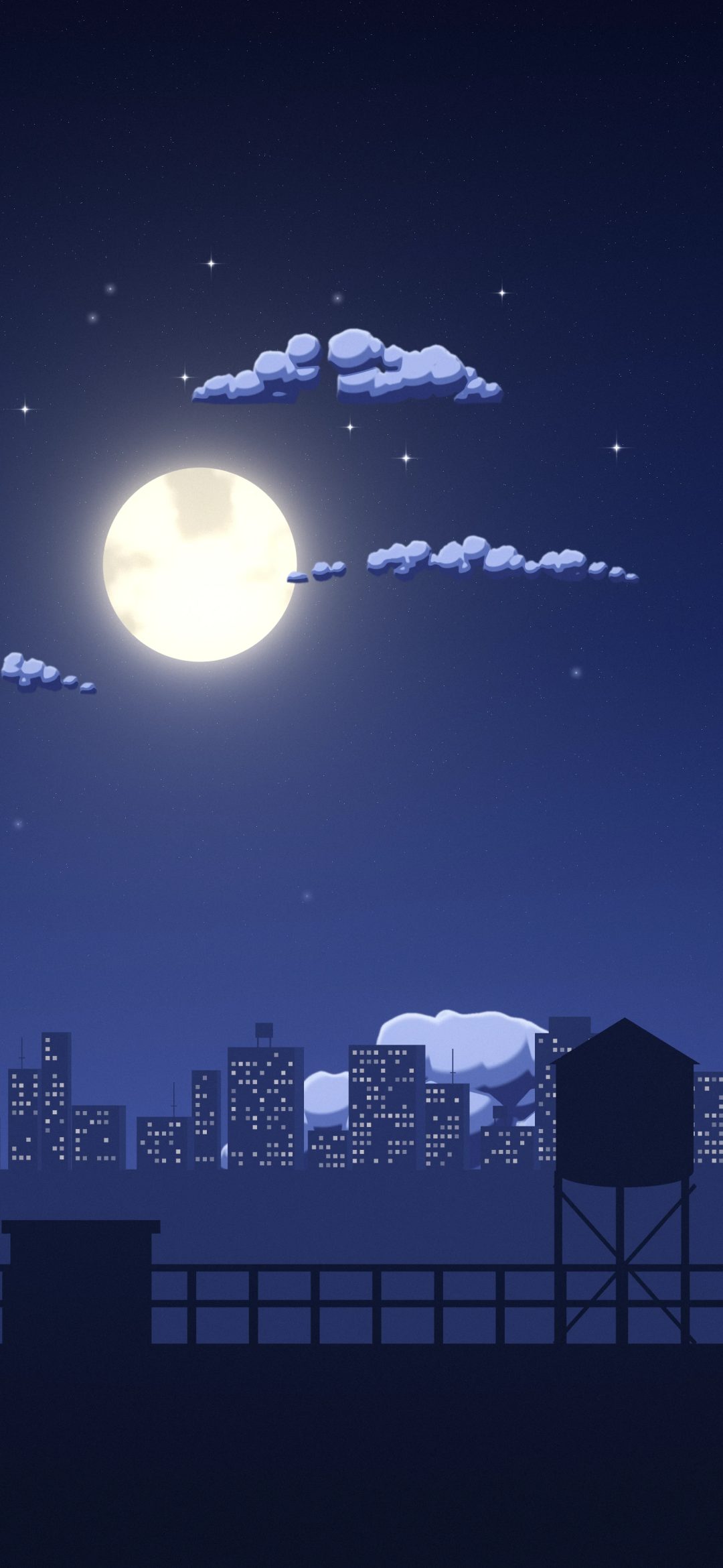 Rooftop Moon Night: a huge pale moon rises over glittering city windows, seen from a quiet rooftop with a railing and an old water tank, iPhone wallpaper