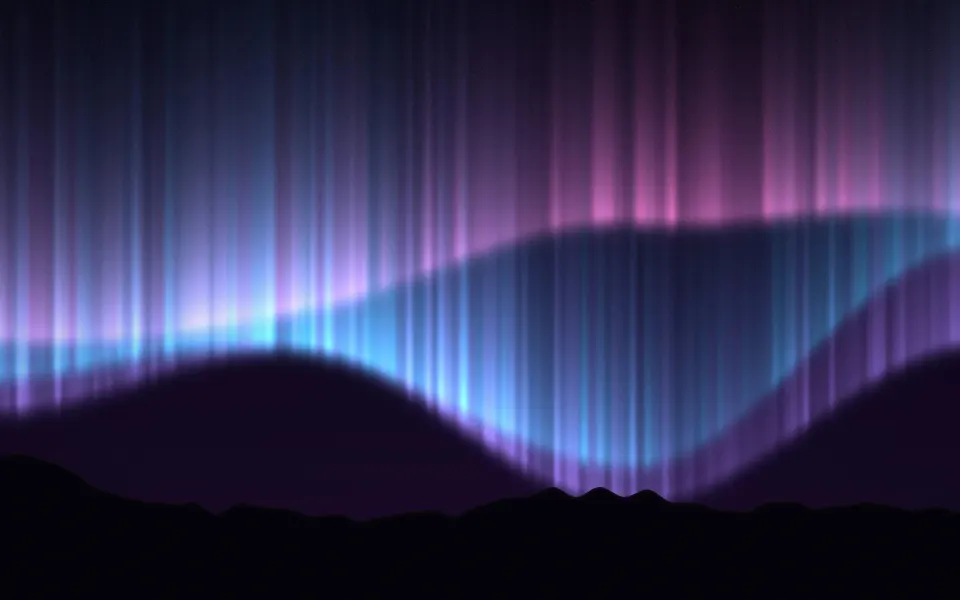 Rose Aurora Ridge: a rare pink and cyan aurora glows above a black mountain silhouette, with faint stars across a deep purple sky, Mac wallpaper