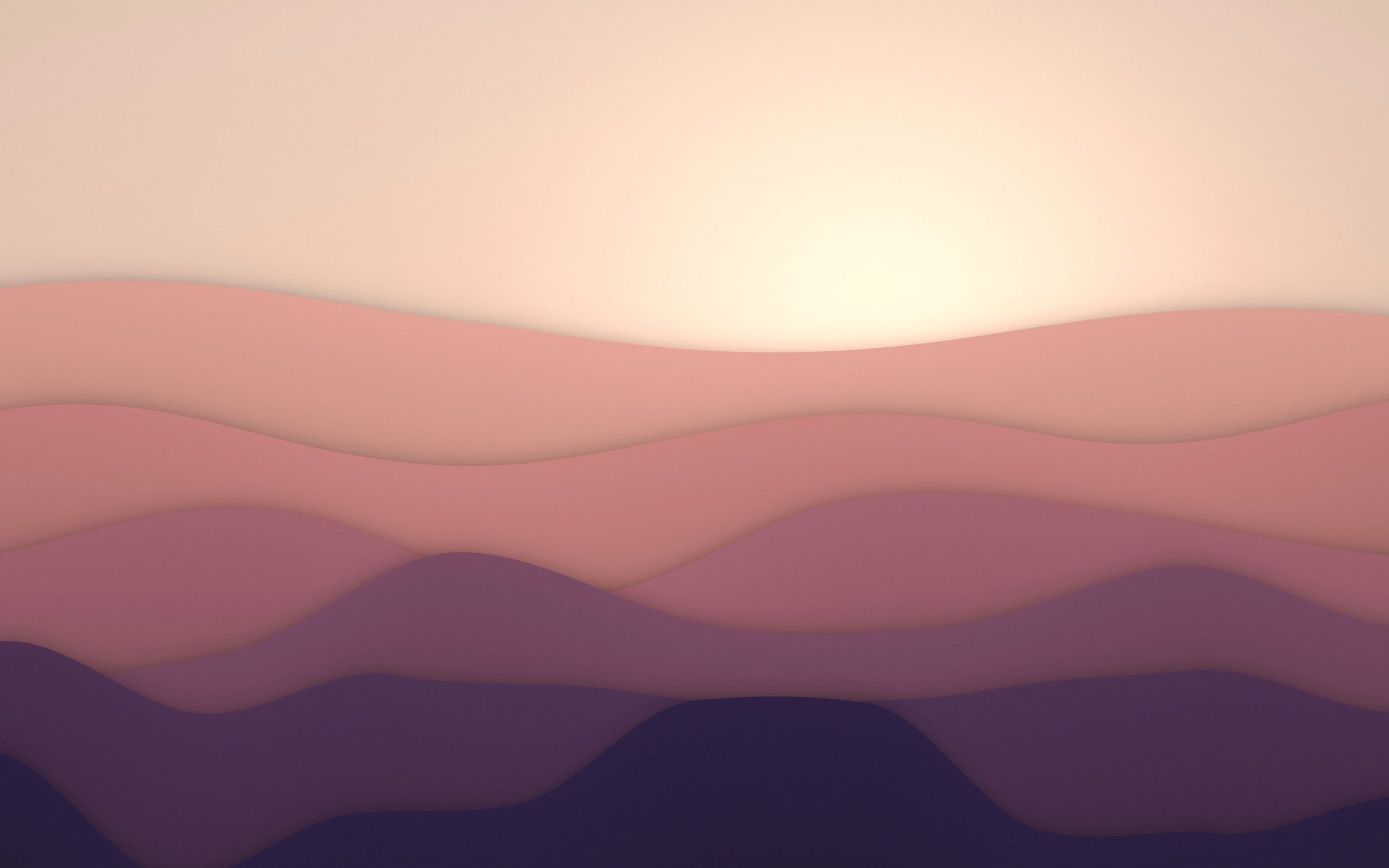 Rose Dune Horizon: soft rose and plum hills fold away under a pale, glowing sky, layered like cut paper with gentle shadows between each ridge, Mac wallpaper