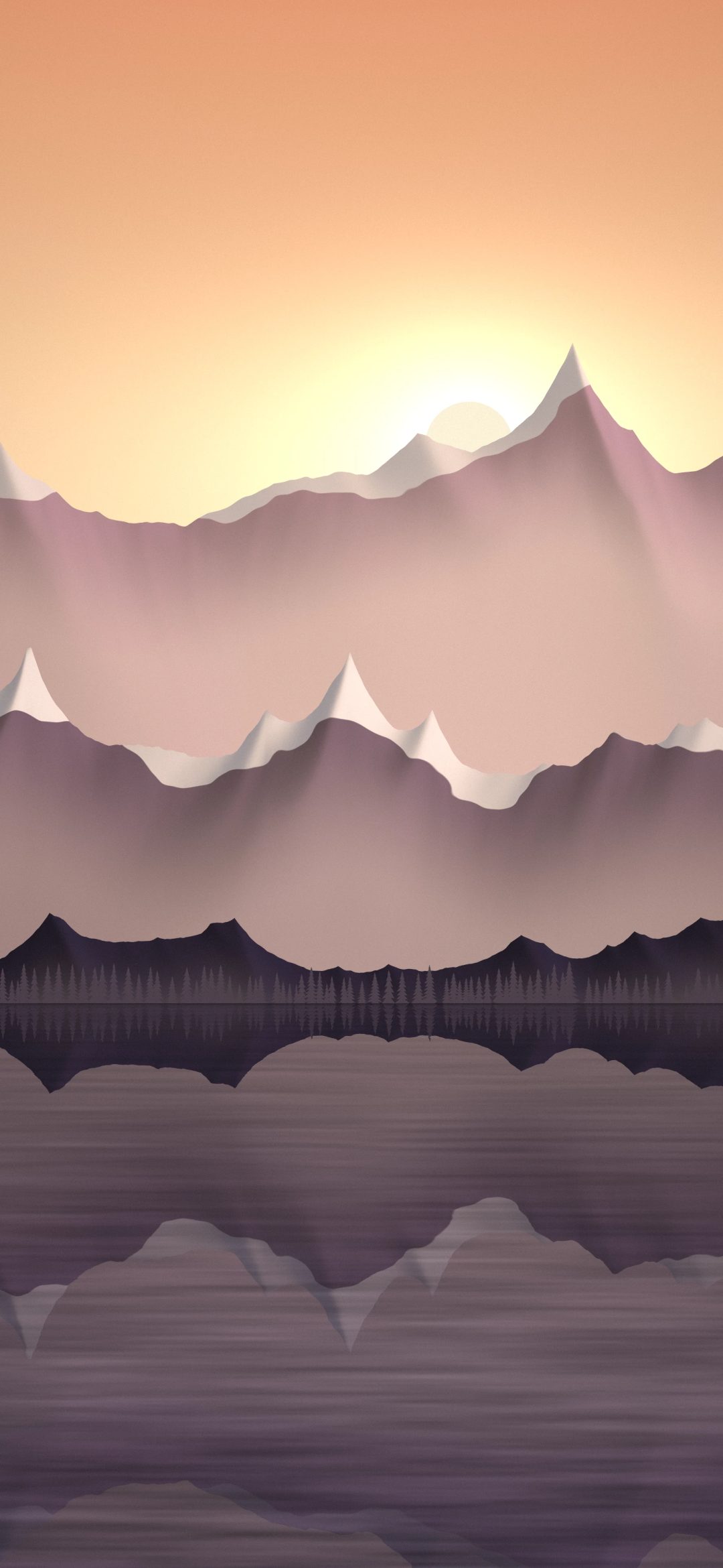 Rose Dusk Reflection: peach and rose ranges glow at dusk above a calm lake that mirrors the mountains and the dark firs along its far shore, iPhone wallpaper