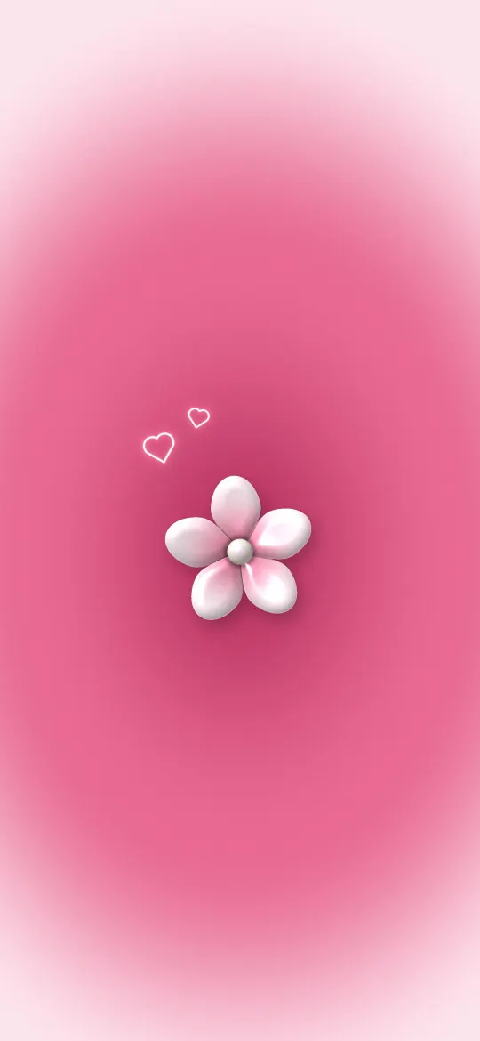 Rose Glow Flower: a small glossy five-petal flower with a pearl centre sits in a deep rose radial glow, with two tiny outlined hearts, iPhone wallpaper