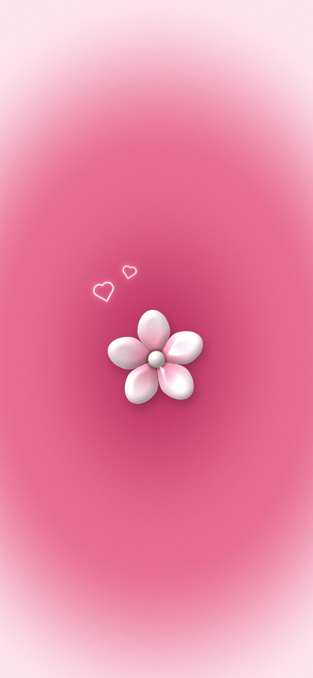 Rose Glow Flower: a small glossy five-petal flower with a pearl centre sits in a deep rose radial glow, with two tiny outlined hearts, iPhone wallpaper