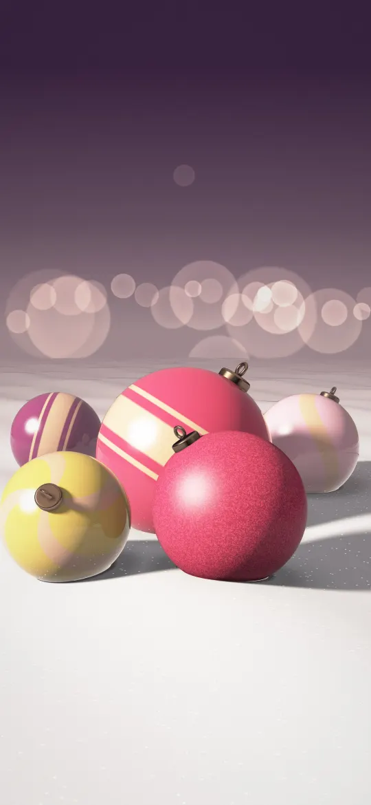 Rose Gold Snowfall: rose pink, plum and gold baubles with rose gold caps settle into soft snow, with blush pink bokeh glowing along a dusky violet horizon, iPhone wallpaper