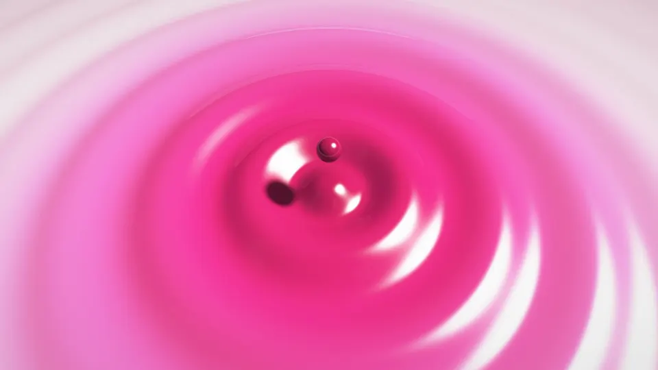 Rose Milk Ripple: a pink drop falls toward glossy ripples spreading through rose milk, shading from deep raspberry to the palest pink, PC wallpaper