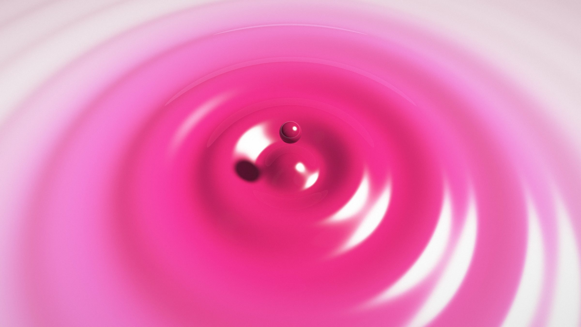 Rose Milk Ripple: a pink drop falls toward glossy ripples spreading through rose milk, shading from deep raspberry to the palest pink, PC wallpaper