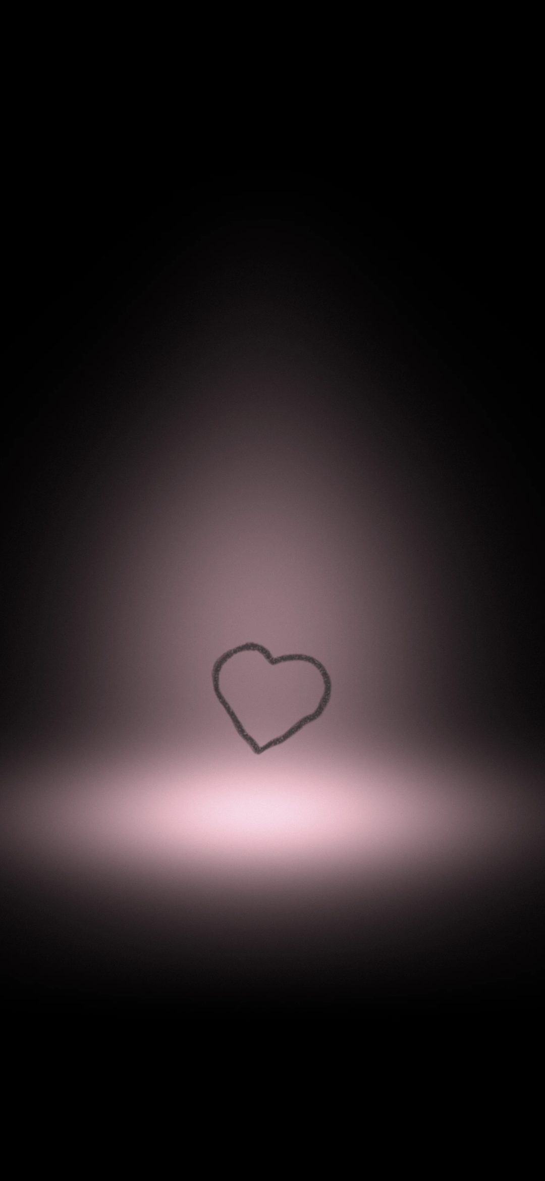 Rose Spotlight Heart: a chalk-outline heart stands under a soft rose spotlight that falls from above onto a black floor, iPhone wallpaper