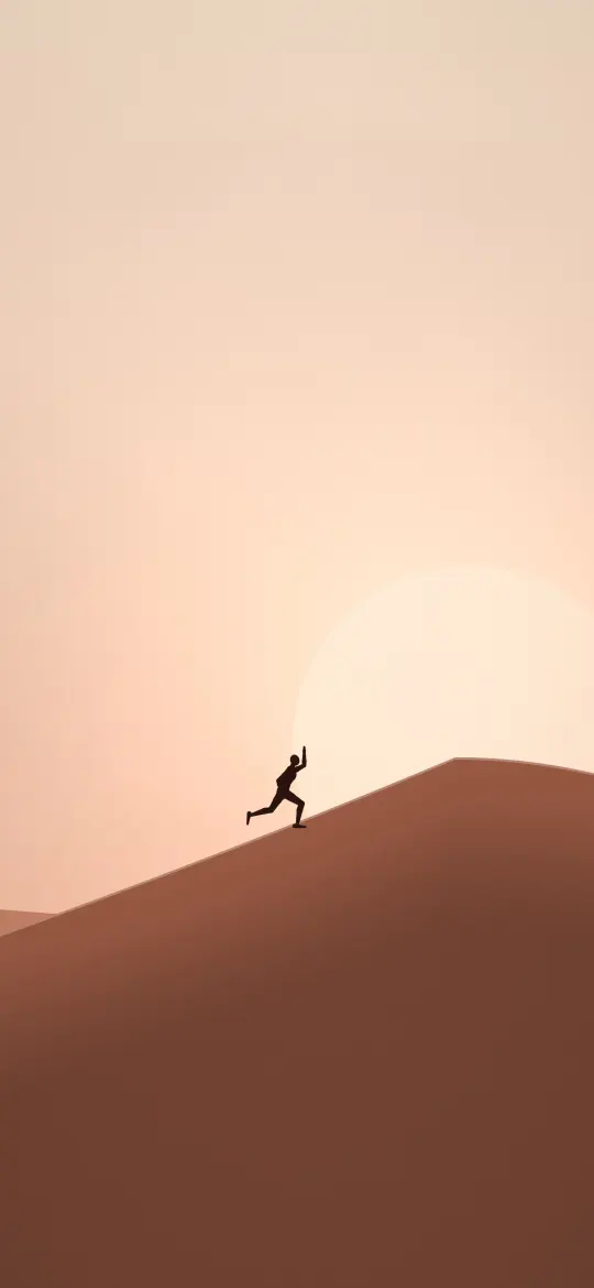 Run Toward the Sun: a figure runs up a smooth sand dune towards a soft setting sun in a peach sky, iPhone wallpaper