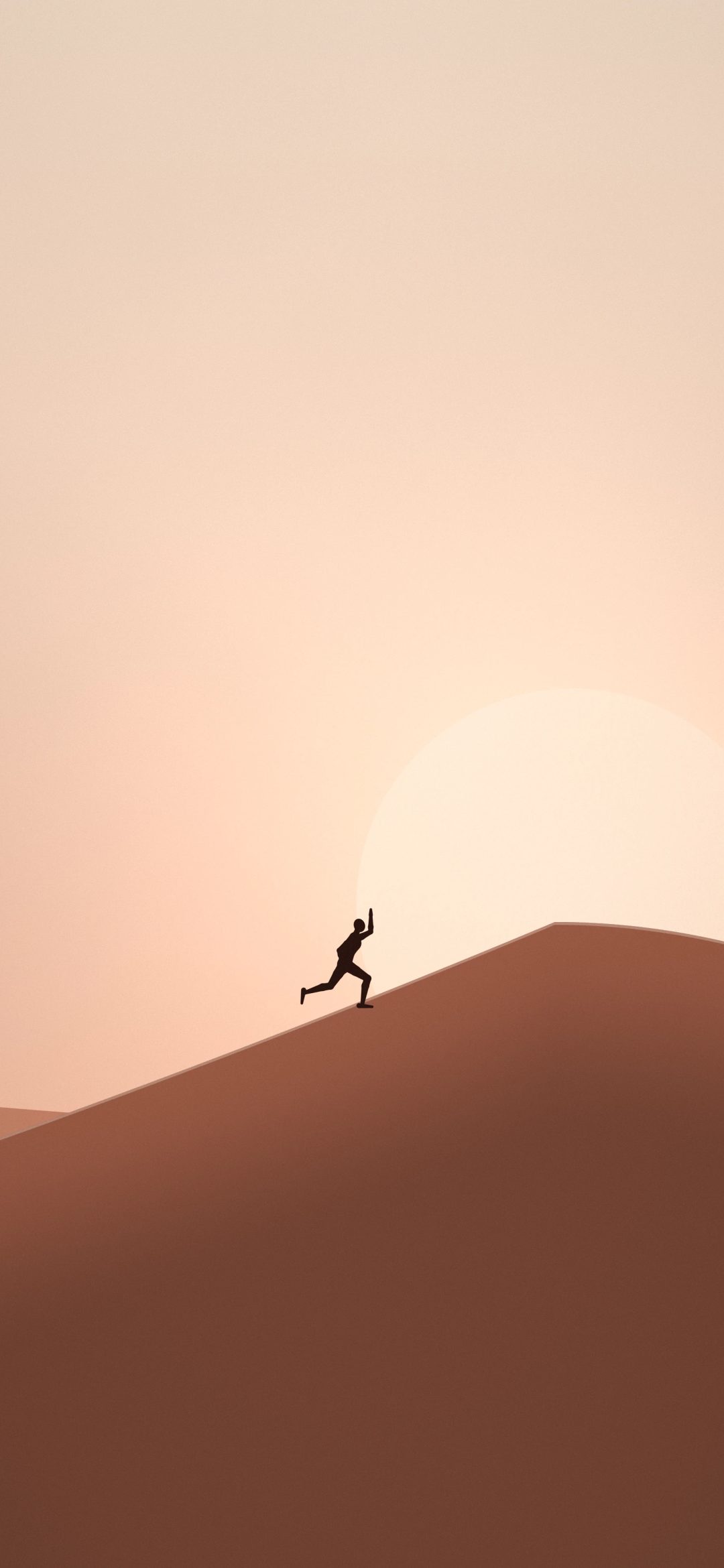 Run Toward the Sun: a figure runs up a smooth sand dune towards a soft setting sun in a peach sky, iPhone wallpaper