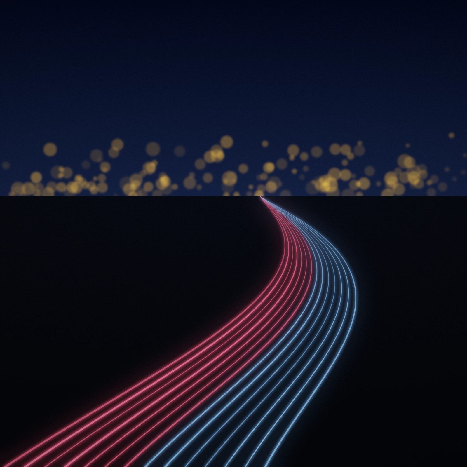 Rush Hour Light Streams: ribbons of red and blue light stream along a bending road at night, the city beyond blurred into warm points of light, iPad wallpaper