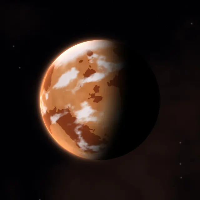 Rust Desert Planet: a rusty red desert planet with dusty plains, drifting clouds and pale polar caps turns in the sunlight under a thin orange haze, iPad wallpaper