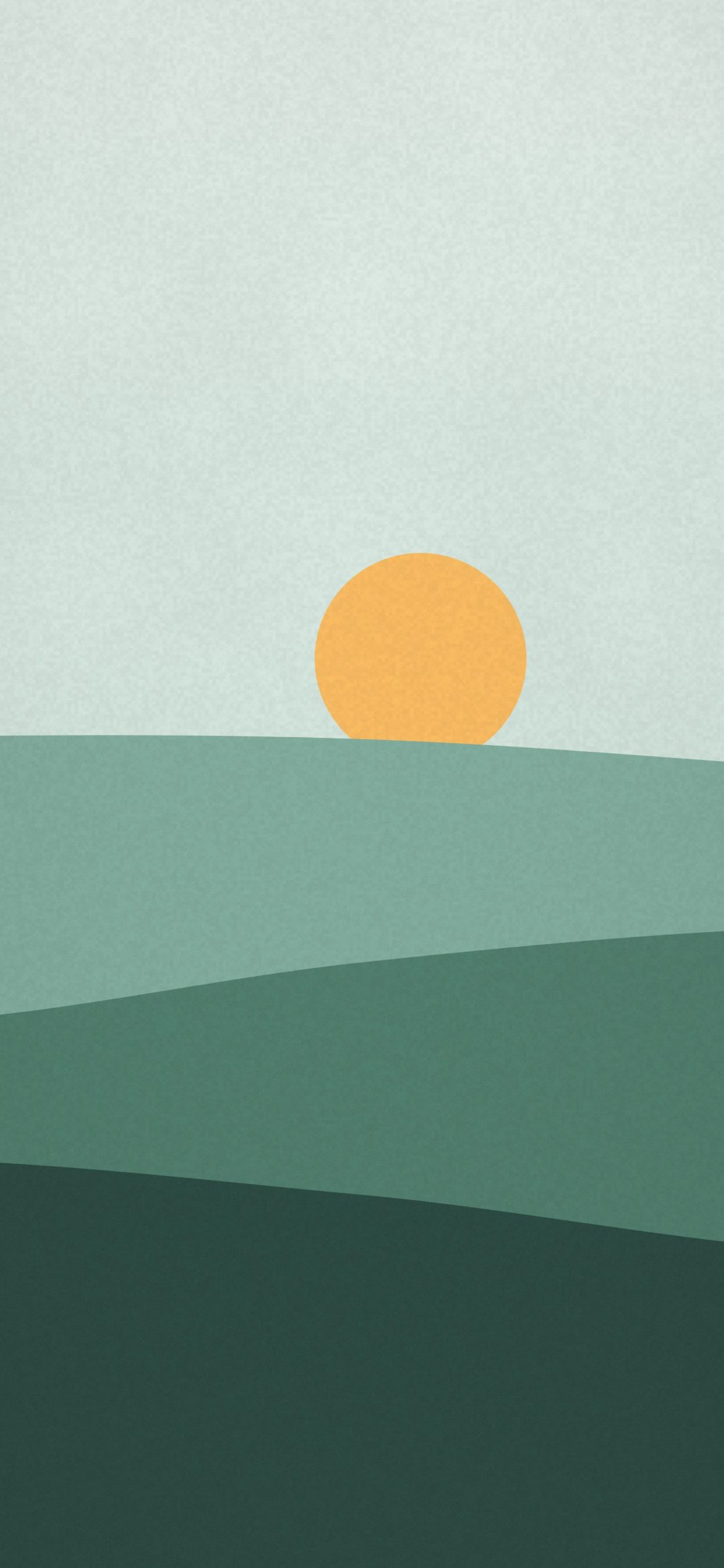 Sage Hills Print: a golden sun rises over rounded sage and pine green hills, printed in flat colours with a soft, slightly speckled paper grain, iPhone wallpaper