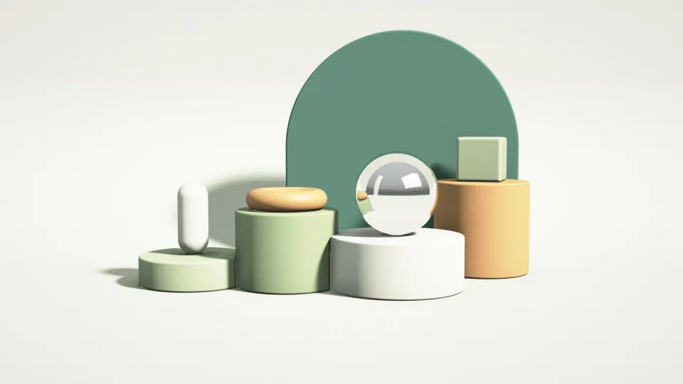 Sage Plinth Still Life: four sage green plinths hold a chrome shape and caramel forms before a deep green arch, softly lit from the right side, PC wallpaper