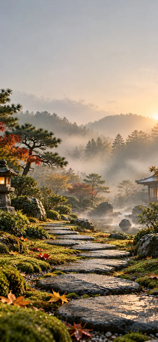 Misty Japanese garden with a winding stone path, moss-covered rocks, autumn leaves and a glowing stone lantern at sunrise.
