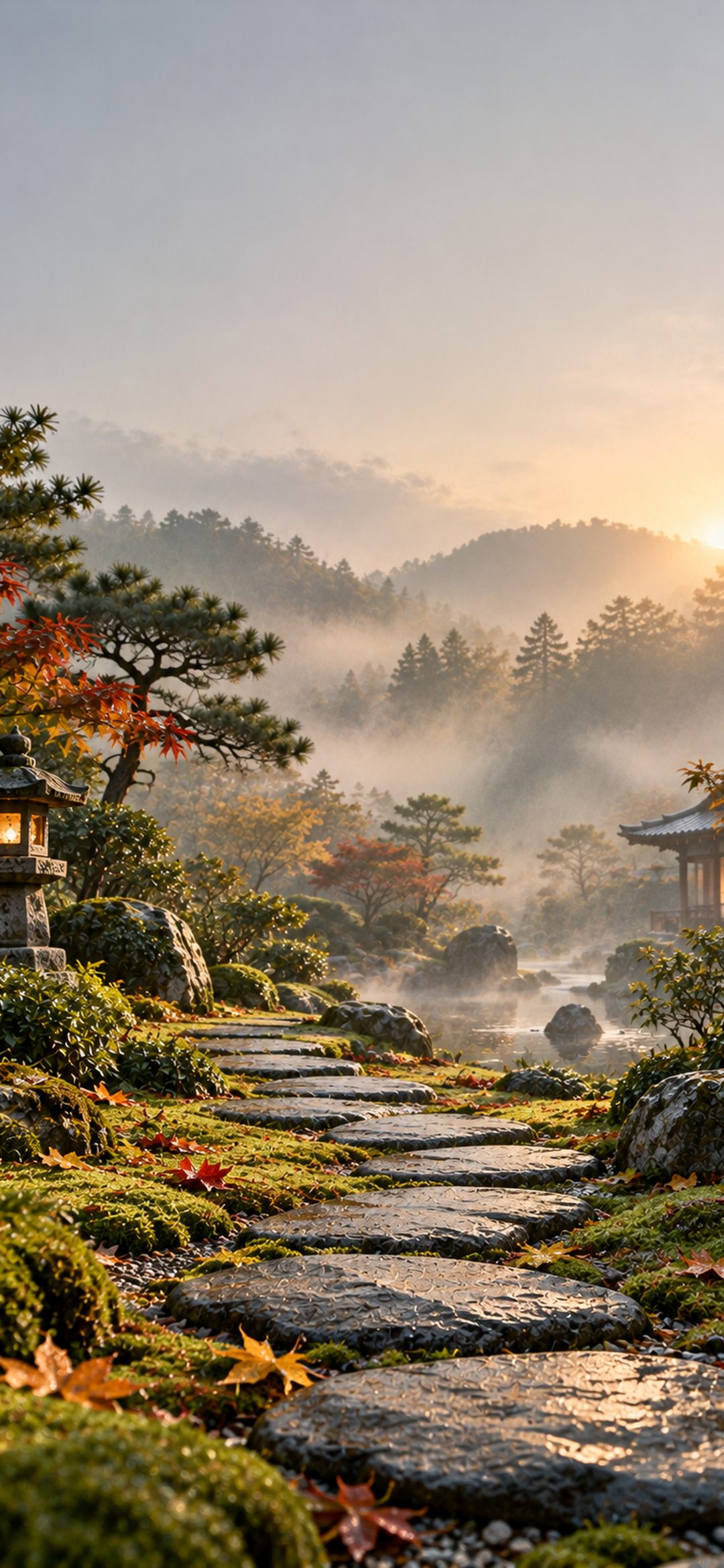 Misty Japanese garden with a winding stone path, moss-covered rocks, autumn leaves and a glowing stone lantern at sunrise.
