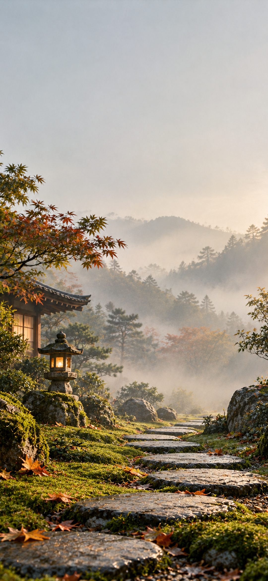 Misty Japanese garden with a winding stone path, moss-covered rocks, autumn leaves and a glowing stone lantern at sunrise