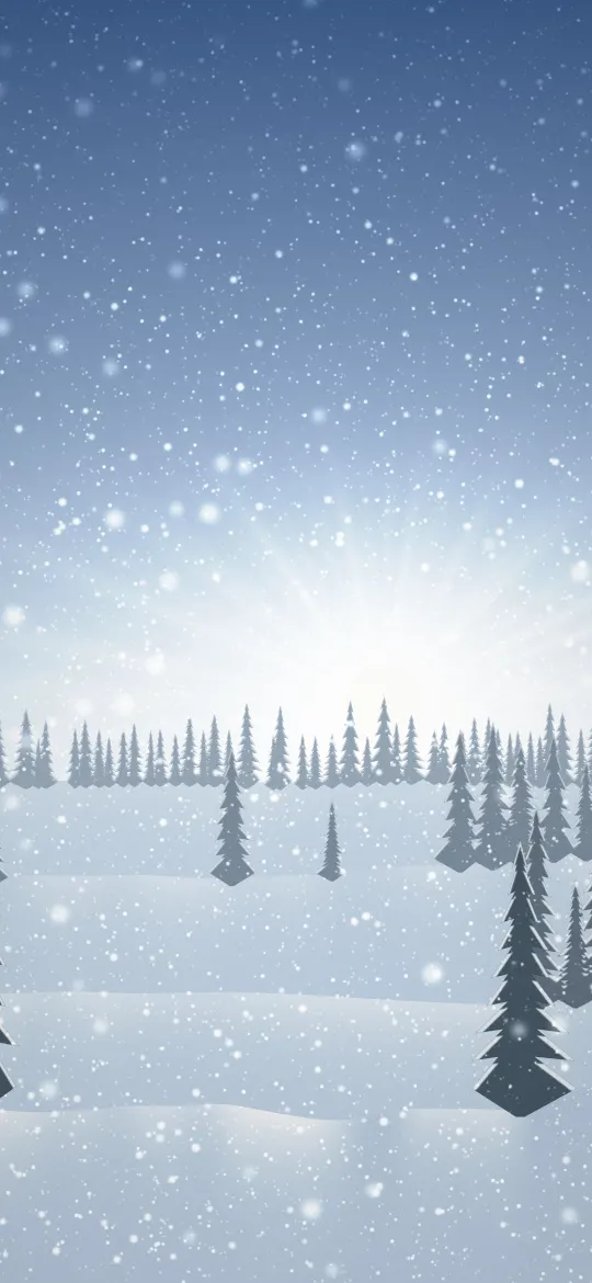 Silent Frost Morning: heavy snowflakes fall over a quiet blue winter valley of snow-laden firs and gentle hills, with a soft white sun low in the misty sky, iPhone wallpaper
