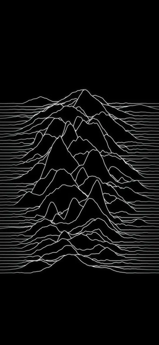 Silent Peak Lines: dozens of thin white lines rise into sharp peaks at the centre of a pure black screen, each line hiding the ones behind it, iPhone wallpaper