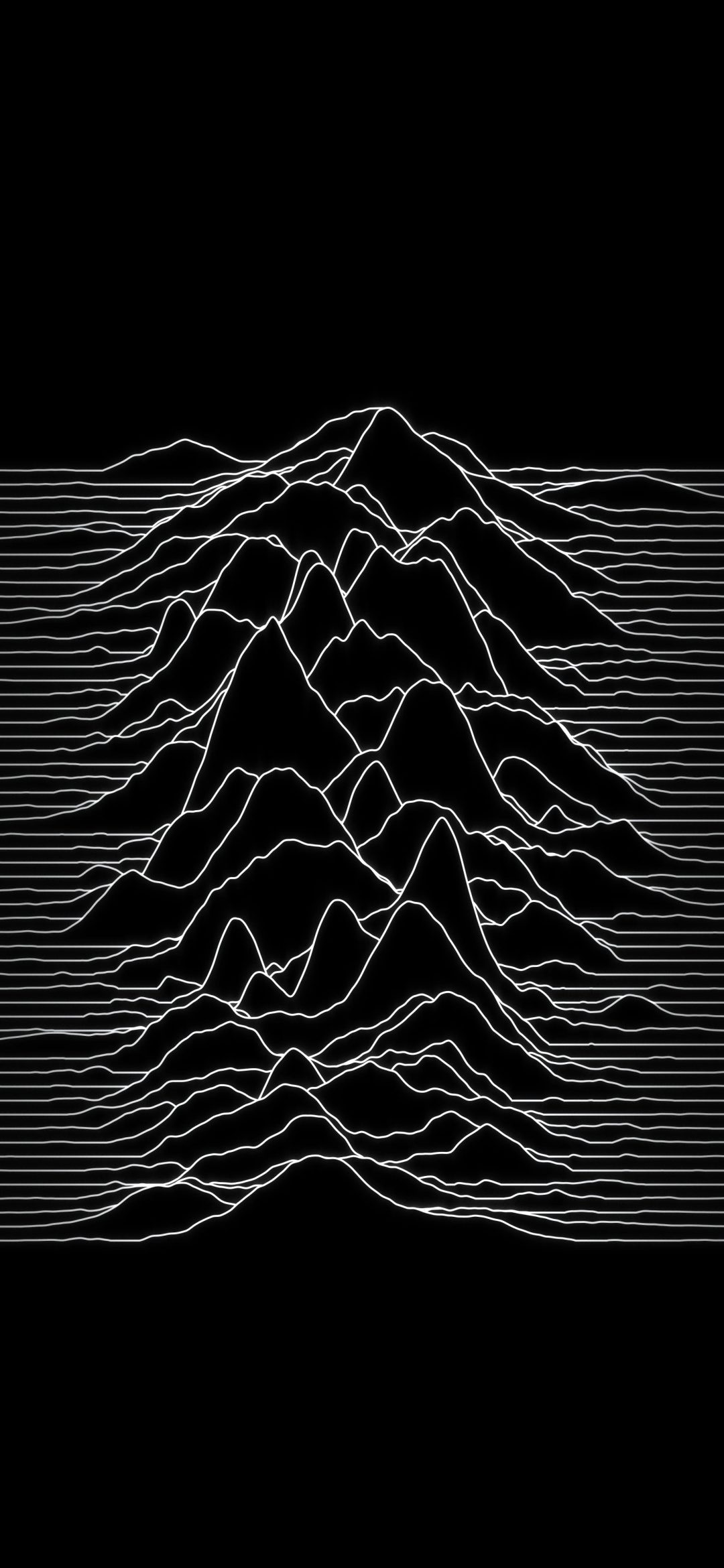 Silent Peak Lines: dozens of thin white lines rise into sharp peaks at the centre of a pure black screen, each line hiding the ones behind it, iPhone wallpaper