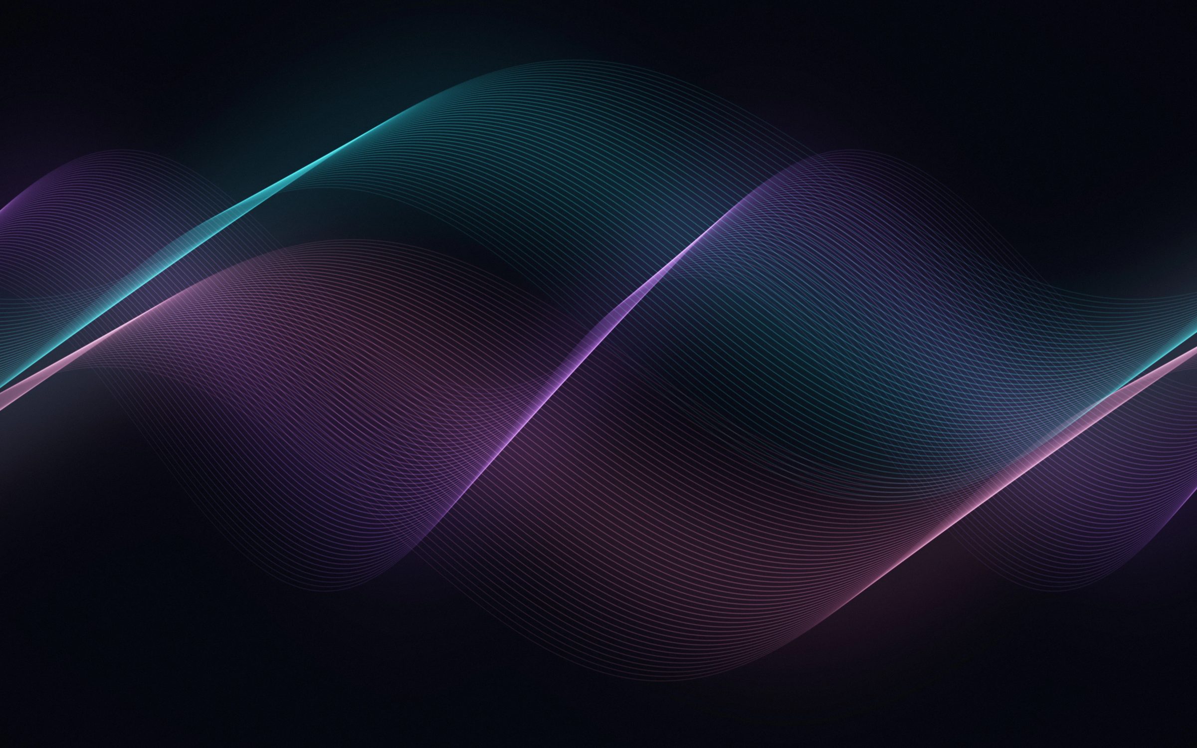 Silk Waves Neon: hundreds of fine cyan, violet and pink lines sweep across a black background like glowing silk ribbons, Mac wallpaper