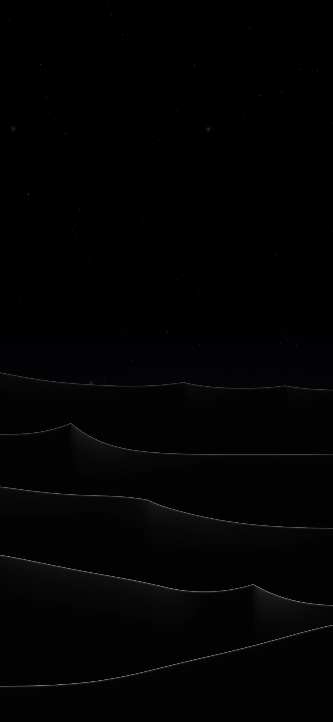 Silver Dune Crests: black sand dunes ripple toward the horizon under faint stars, their crests edged with fine silver light against the night, iPhone wallpaper