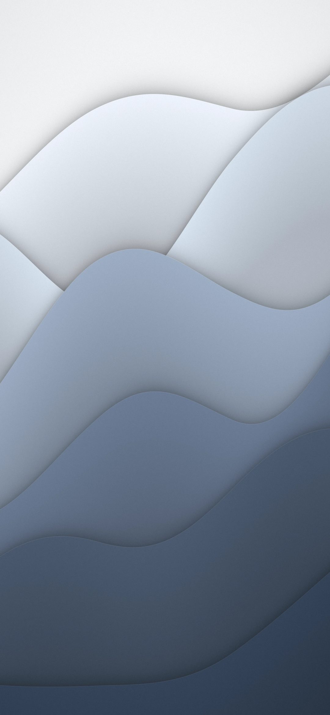 Silver Fog Layers: pale silver fades to slate through smooth layers of paper-cut waves, a calm monochrome wallpaper with soft shadows, iPhone wallpaper