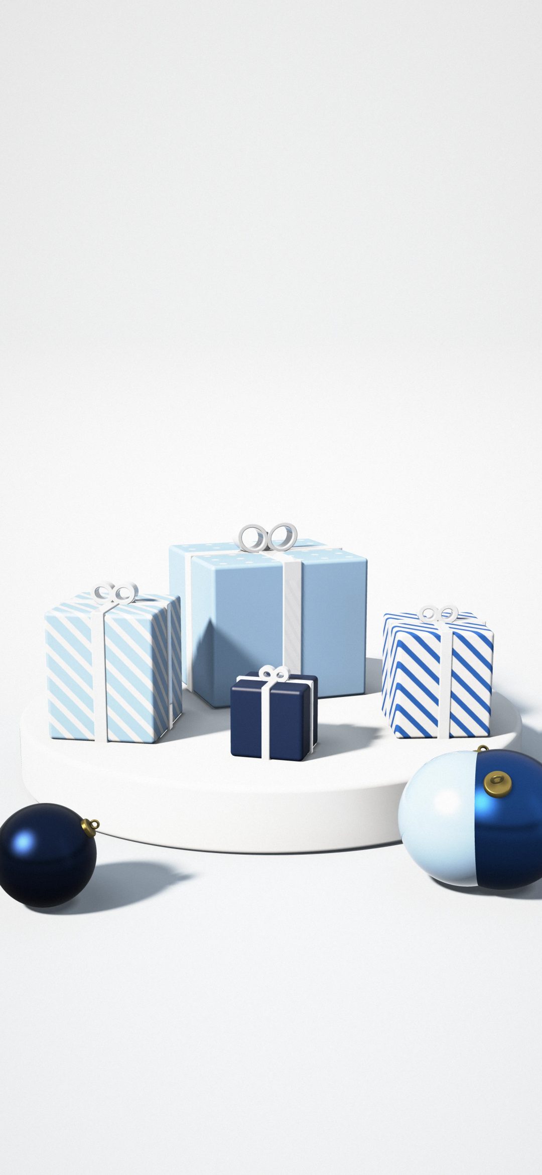 Silver Ribbon Presents: pale blue, striped and navy presents with silver ribbons and bows rest on a white round plinth in a frosty studio, with navy and blue baubles nearby, iPhone wallpaper