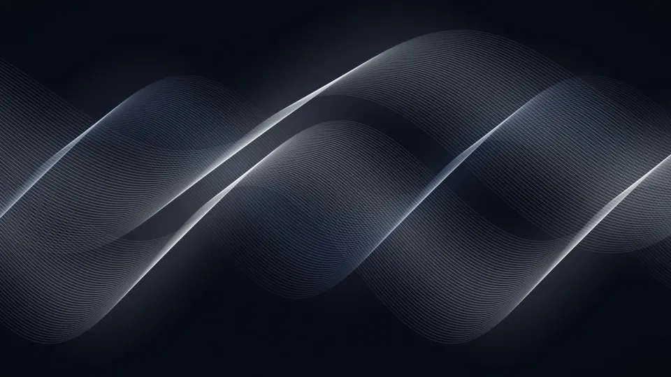 Silver Silk Lines: silver and slate threads curve across a deep navy background, subtle and elegant for a dark desktop, PC wallpaper