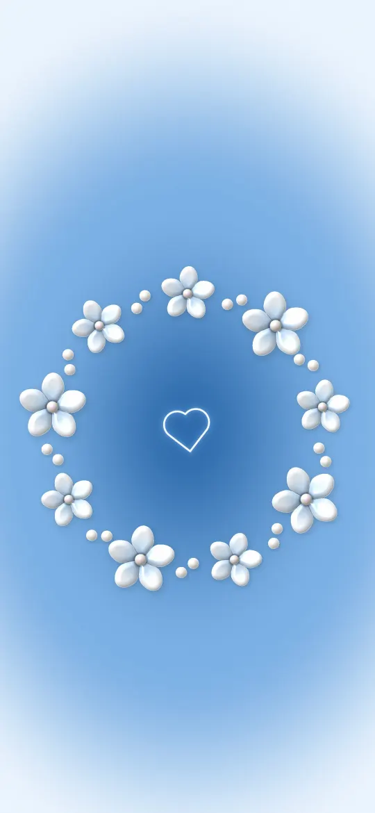 Sky Blue Flower Ring: a ring of small glossy white flowers circles a tiny heart in a deep sky-blue glow, iPhone wallpaper