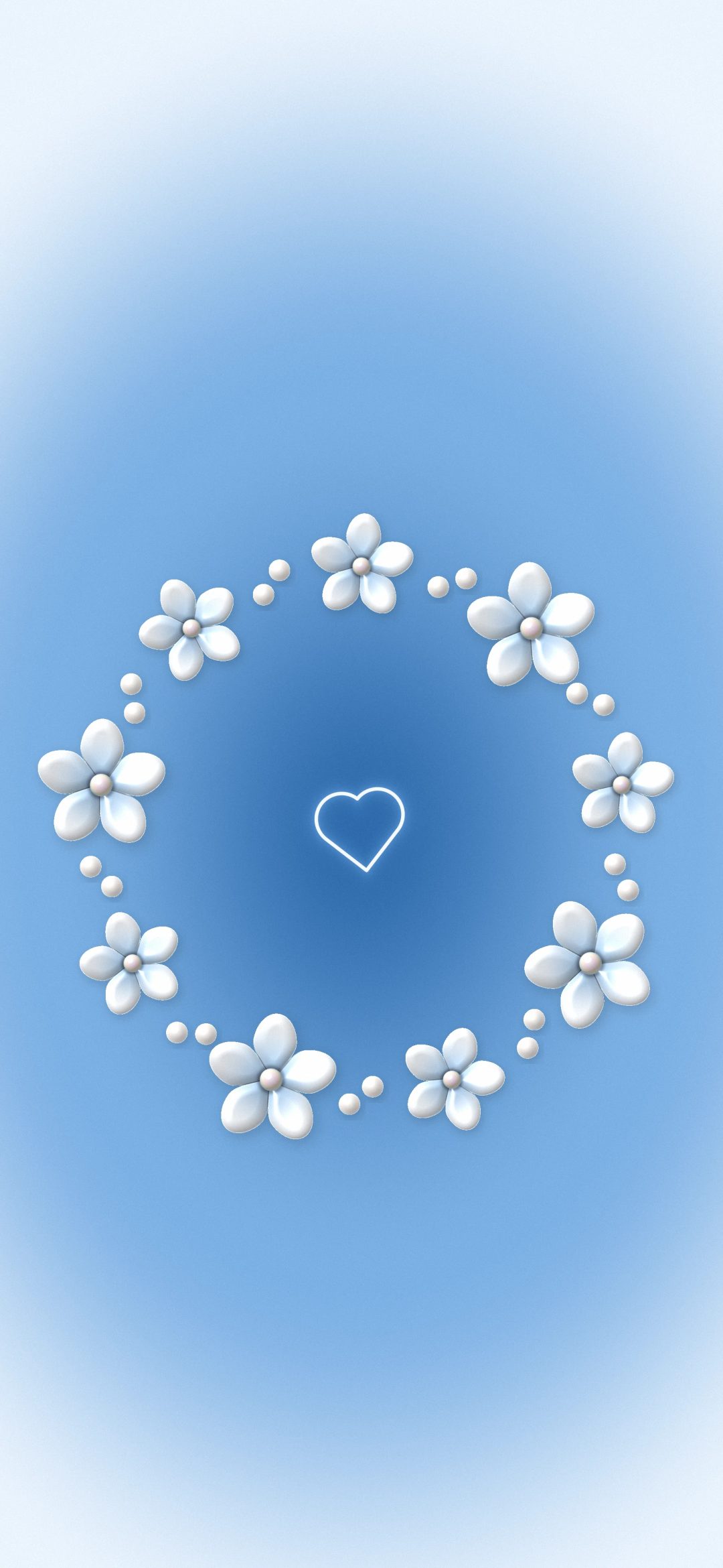 Sky Blue Flower Ring: a ring of small glossy white flowers circles a tiny heart in a deep sky-blue glow, iPhone wallpaper