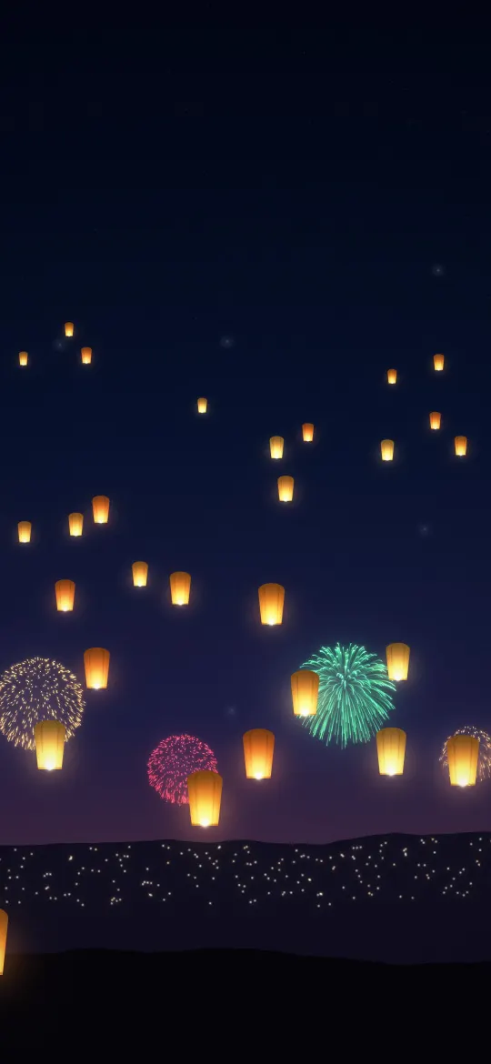 Sky Lanterns and Fireworks: dozens of glowing sky lanterns rise over dark hills and a twinkling town as small fireworks burst near the horizon, iPhone wallpaper
