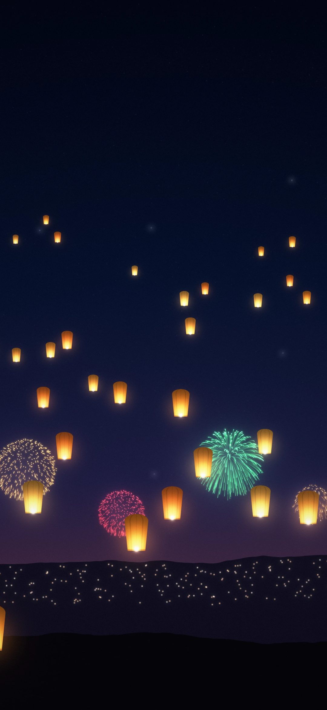 Sky Lanterns and Fireworks: dozens of glowing sky lanterns rise over dark hills and a twinkling town as small fireworks burst near the horizon, iPhone wallpaper