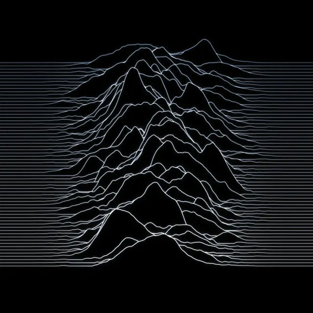 Slate Wave Stack: sixty slate-grey lines pile into soft peaks across the middle of a black screen, fading from cool grey to pale silver, iPad wallpaper
