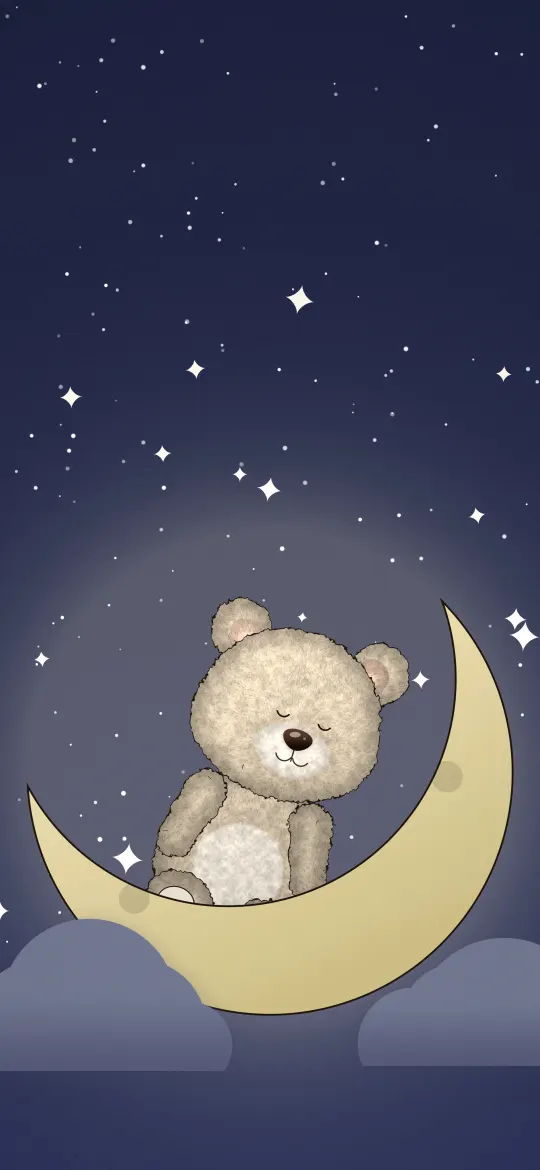 Sleepy Teddy on the Moon: a cream teddy bear sleeps on a golden crescent moon above soft clouds, surrounded by twinkling stars on navy, iPhone wallpaper