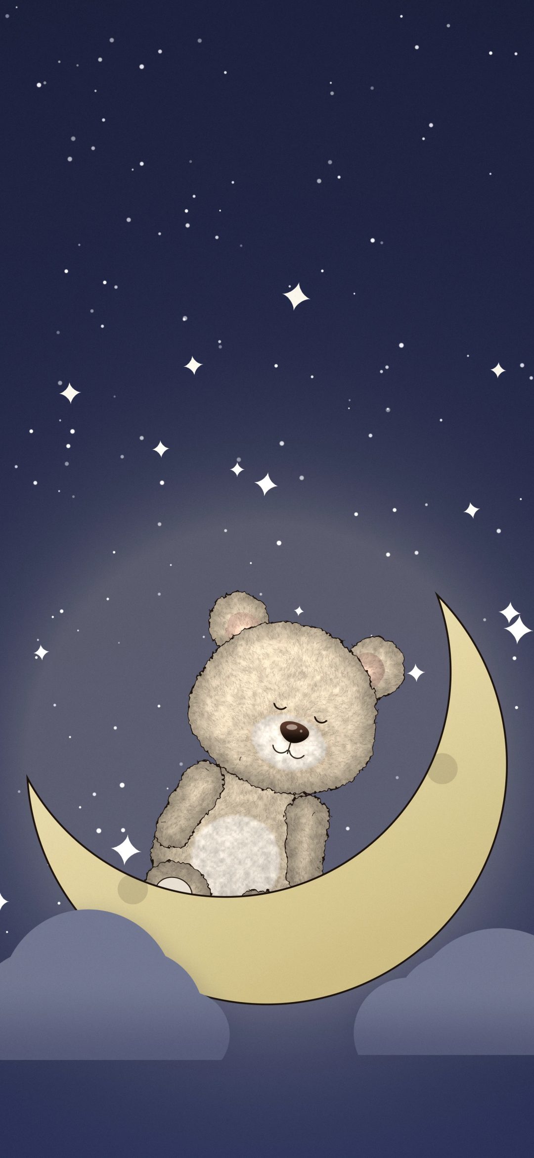 Sleepy Teddy on the Moon: a cream teddy bear sleeps on a golden crescent moon above soft clouds, surrounded by twinkling stars on navy, iPhone wallpaper