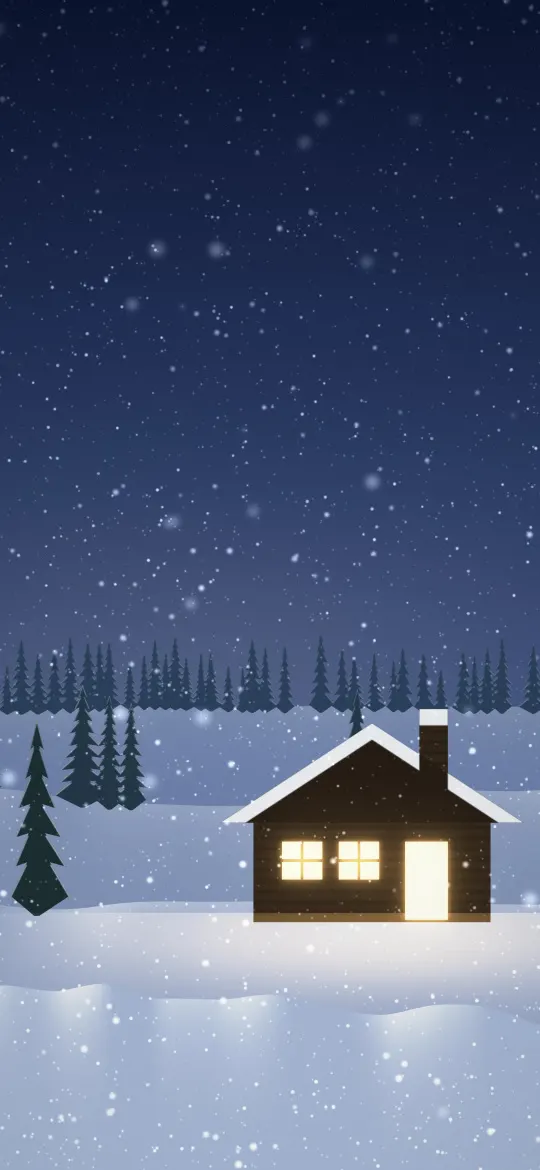 Snowbound Cabin Glow: a small log cabin with warm glowing windows and a snowy roof sits among frosted fir trees on rolling snow hills under a starry blue night, iPhone wallpaper