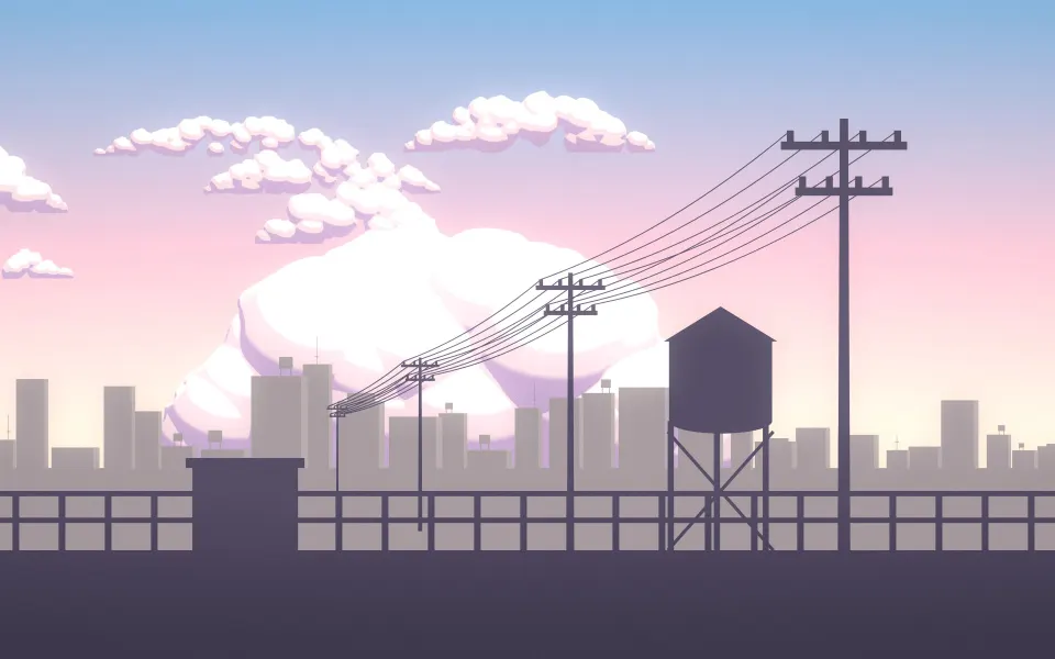 Soft Morning Water Tower: a rooftop water tower stands against a soft pastel morning sky, pink-tinted cumulus clouds piling up over the city skyline, Mac wallpaper