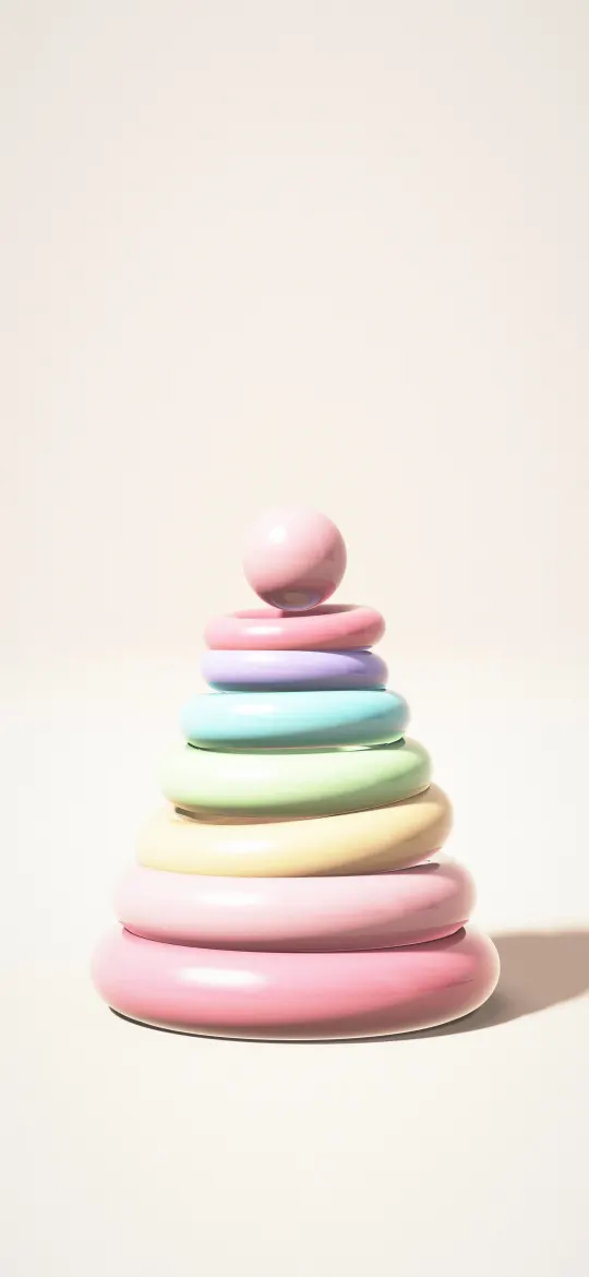 Sorbet Stacking Rings: seven sorbet coloured rings in pink, peach, mint, aqua and lilac stack into a soft tower on a pale peach studio floor, iPhone wallpaper