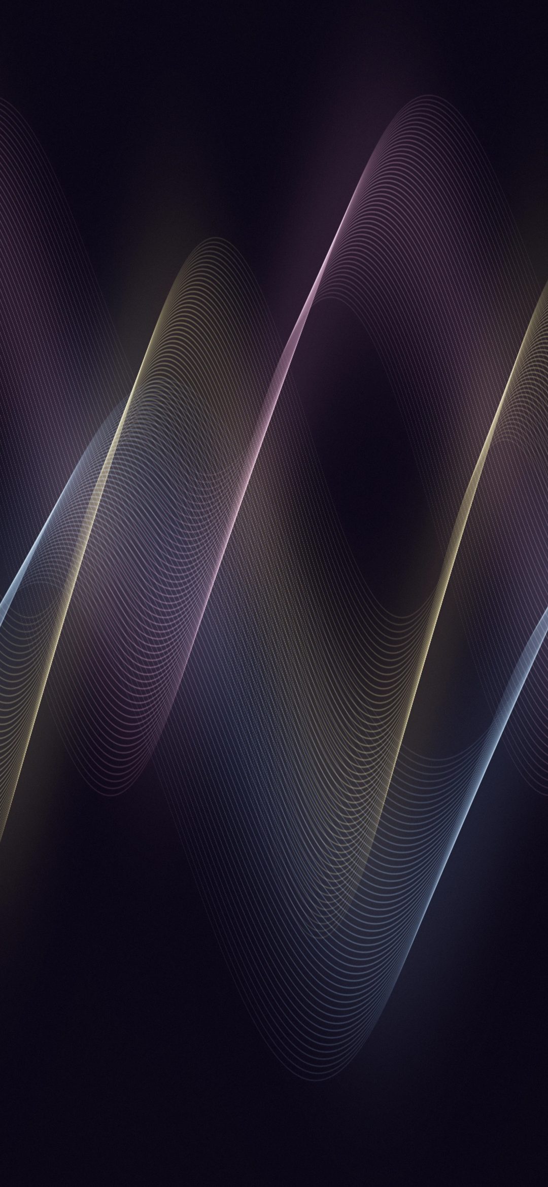 Sorbet Thread Waves: fine threads in sorbet pink, lemon and powder blue sweep across a dark background like softly glowing strands of silk, iPhone wallpaper