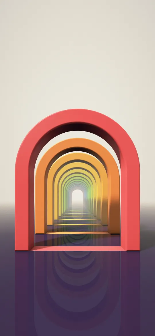 Spectrum Archway Hall: red, orange, yellow, green, blue and purple arches stand one after another down a glossy floor towards a warm glow, iPhone wallpaper